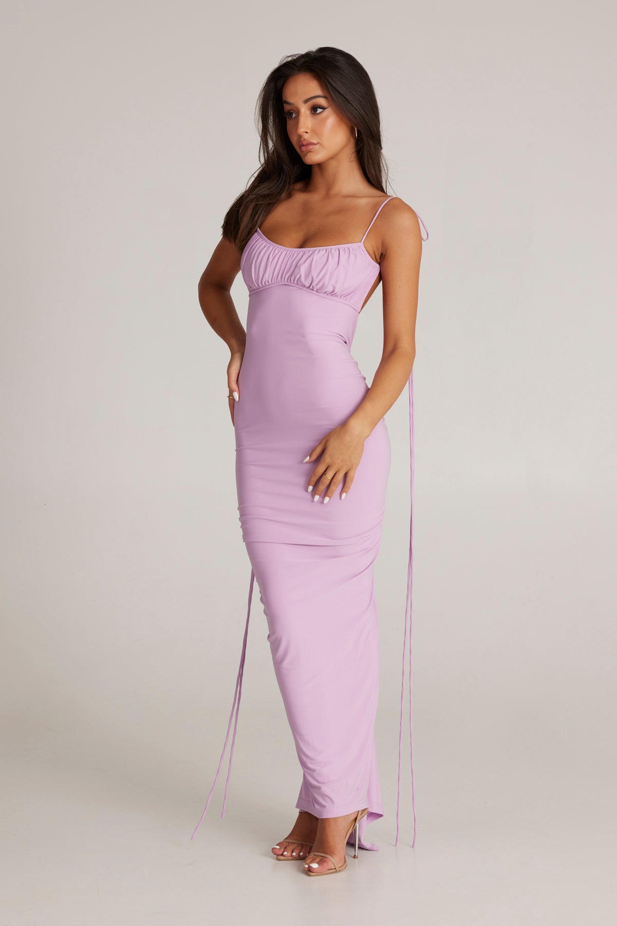Pink Gathered Neckline Backless Bodycon Mini Dress