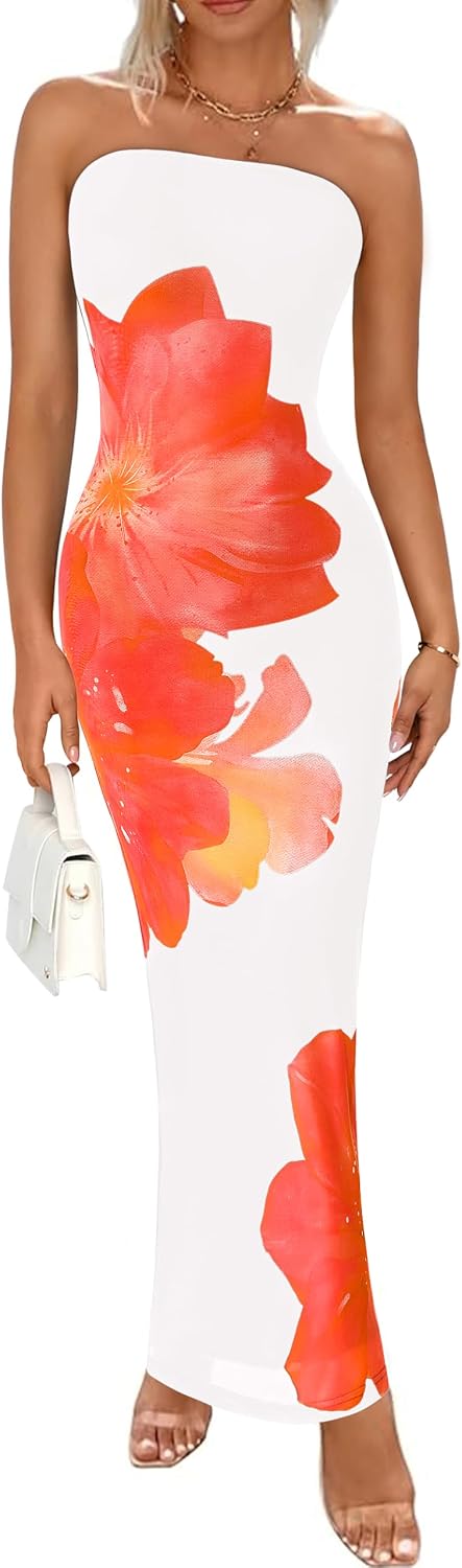 Floral Mesh Strapless Bodycon Maxi Dress