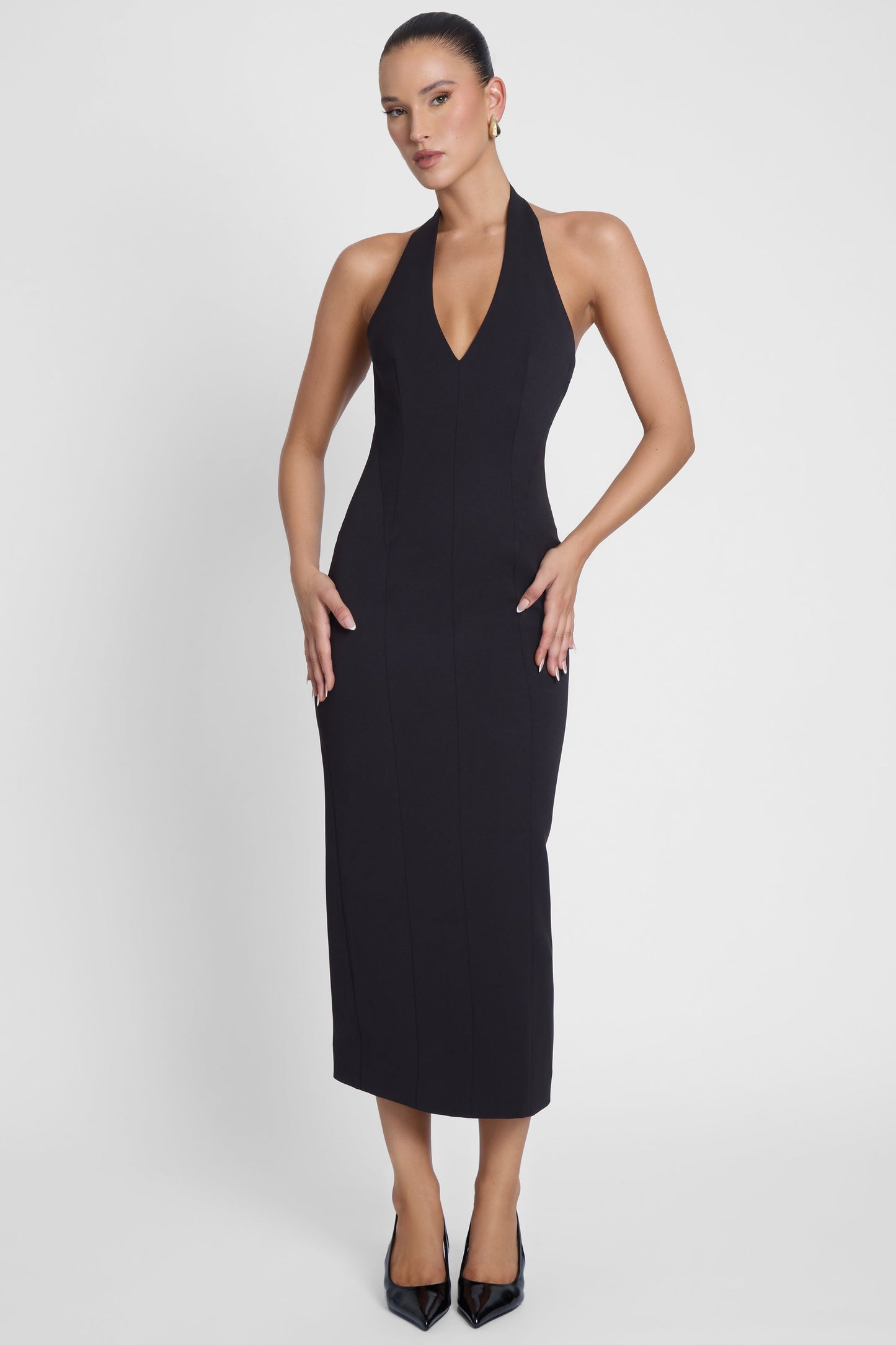 Elegant Collection | Black Midi Dress with Halter Neck & Sculpted Waistline | Versatile Essential for Any Occasion 4