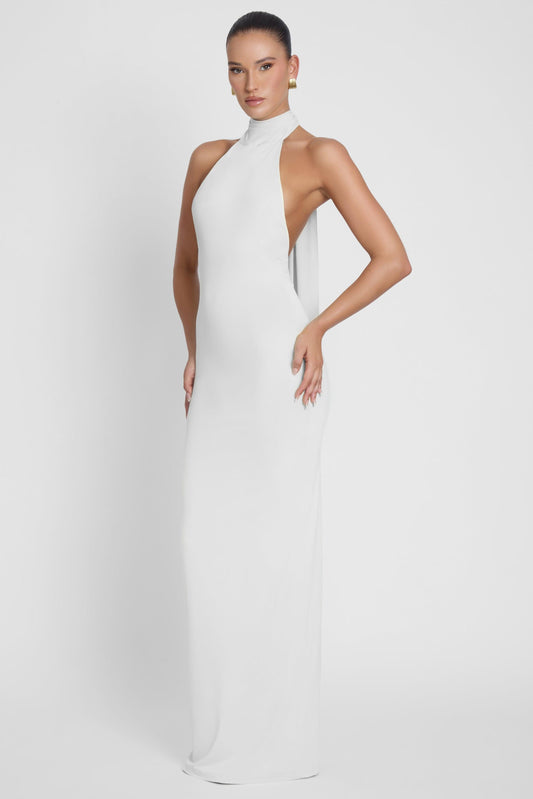 Elegant Maxi Dress Collection | White Maxi Dress with Open Back | Sculpting Stretch Jersey for Effortless Elegance 1