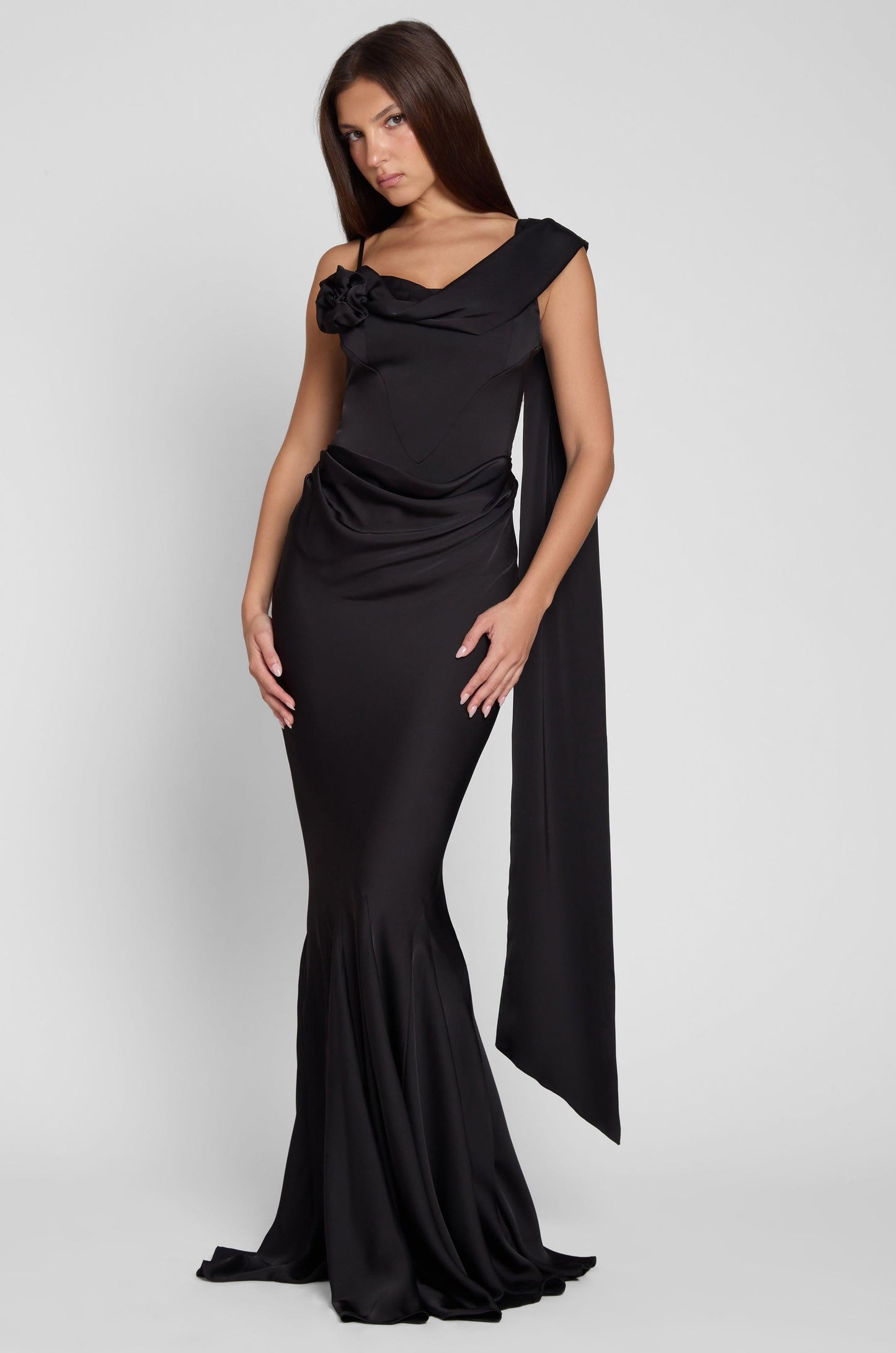 Elegant Satin Gown | Wedding Guest Dress with Corset Waist & Draping Detail for Stunning Silhouette 7
