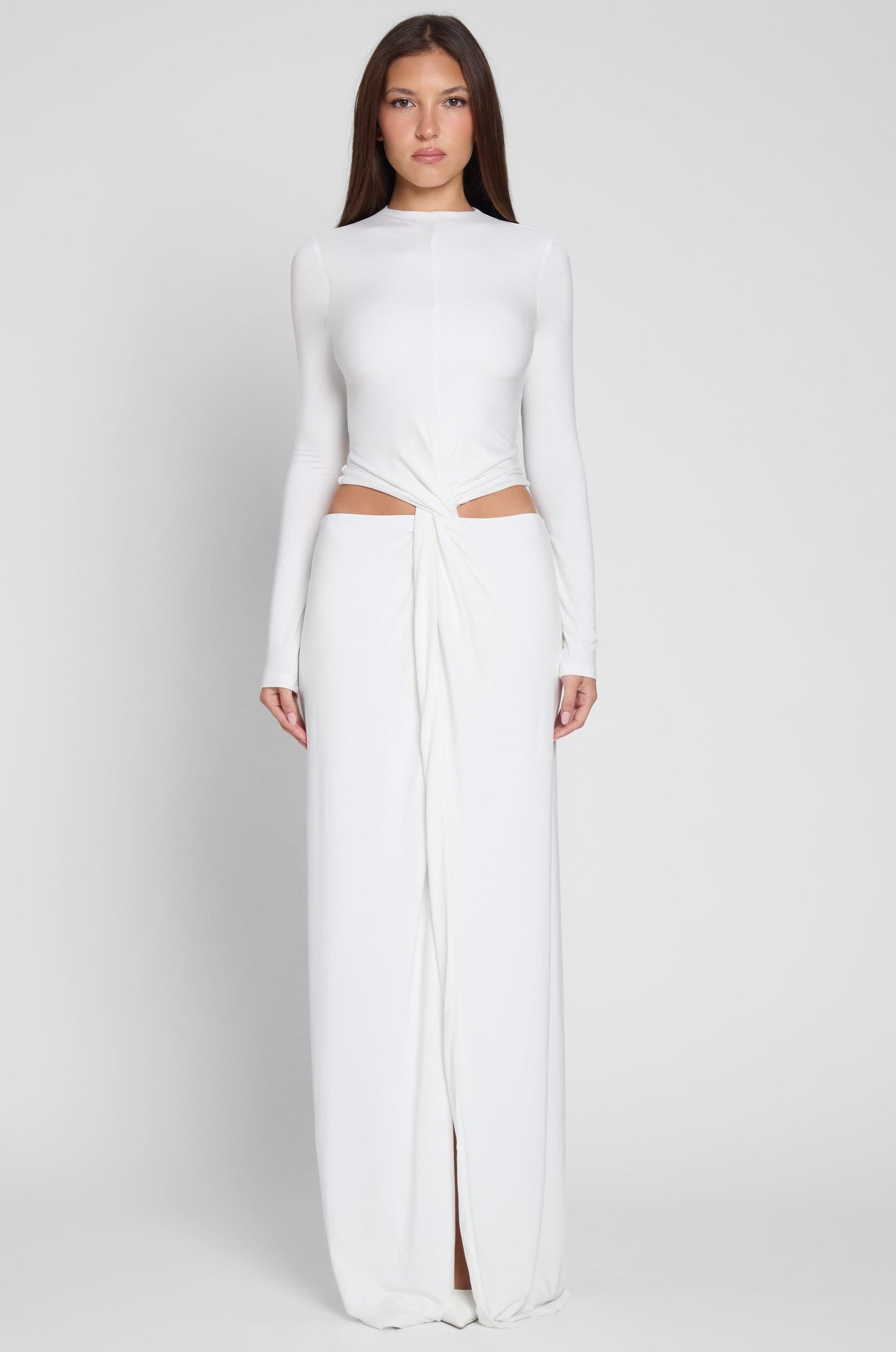 Elegant White Maxi Dress with Long Sleeves & Front Slit for Timeless Style 7