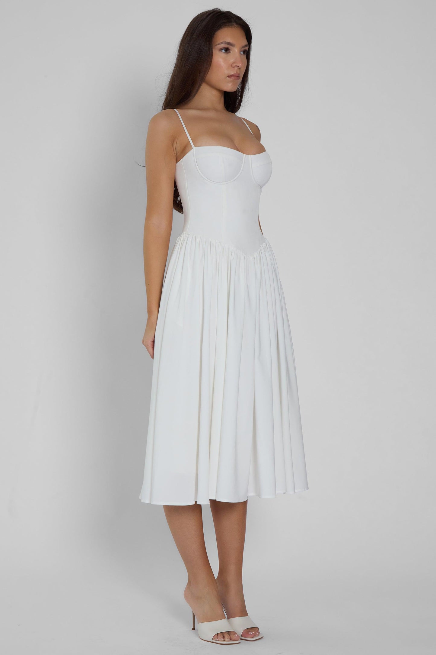 Elegant White Midi Dress | Ballerina Bustier Style with Gathered Detail | Flattering Fit for Any Occasion 7