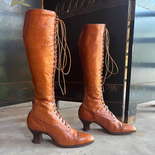 c. 1910s-1920s Tall Brown Boots | Approx Sz. 5-6