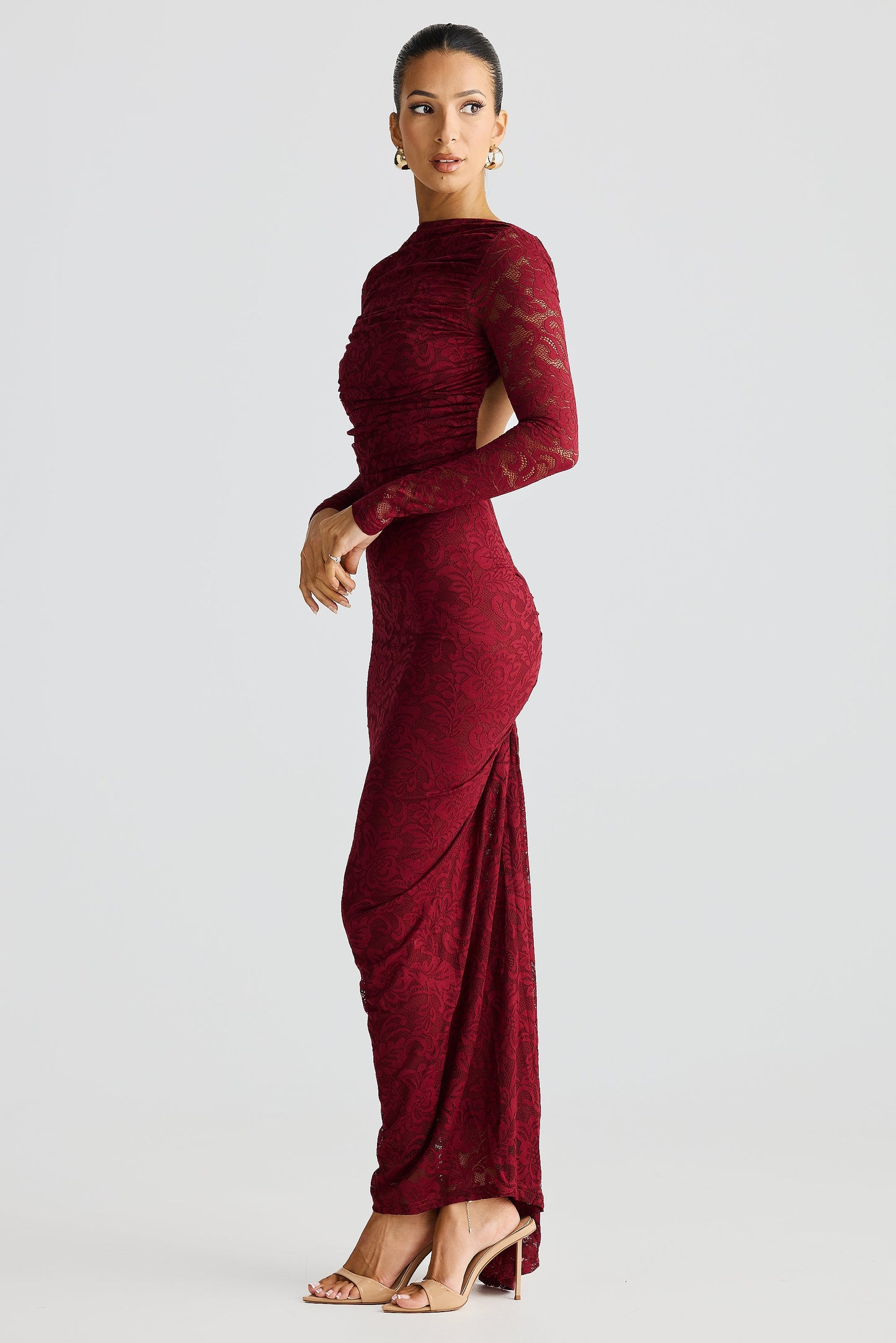 Burgundy Long Sleeve High Neck Lace Ruched Midi Dress