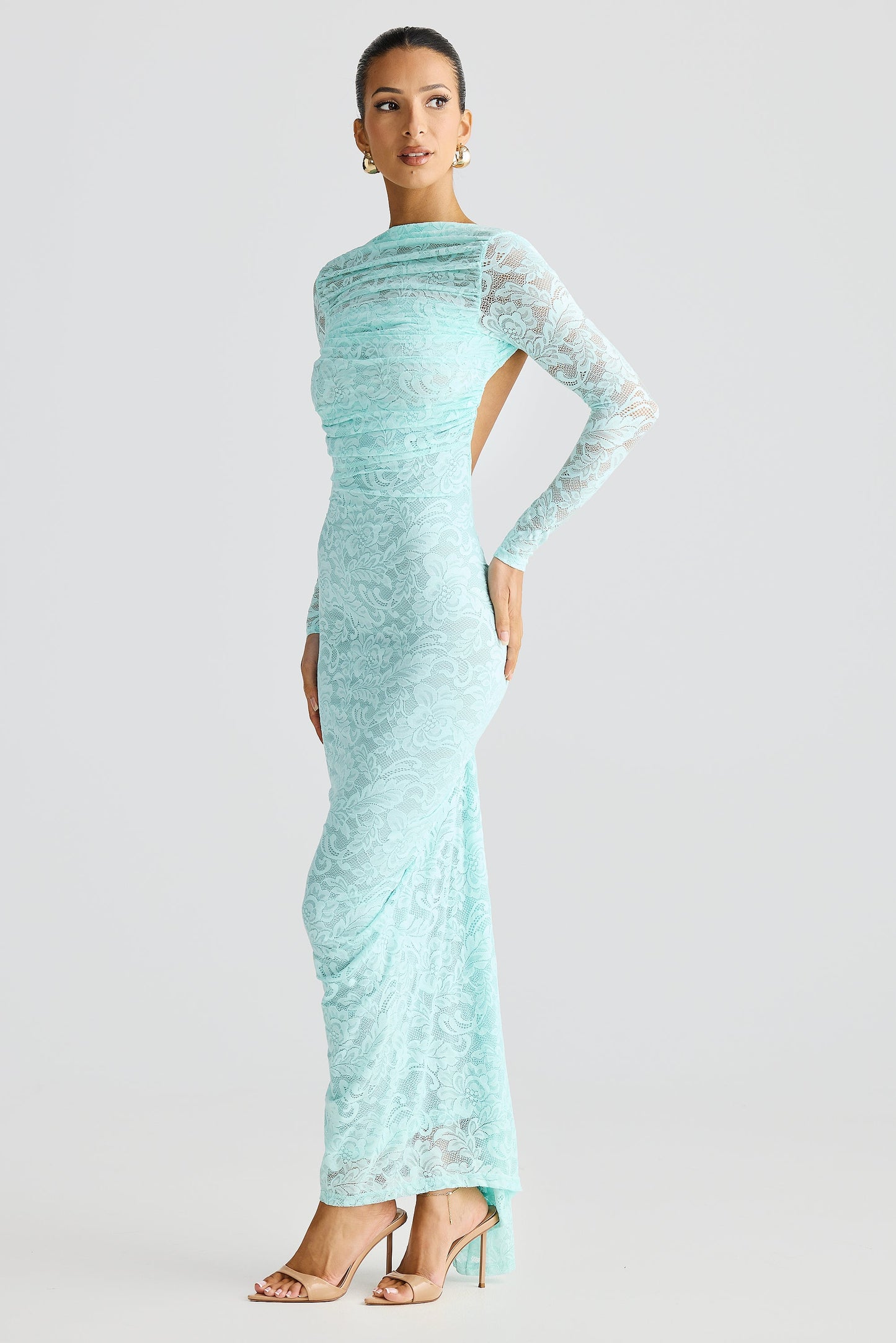 Aqua Blue Long Sleeve High Neck Stretch Lace Bodycon Midi Dress