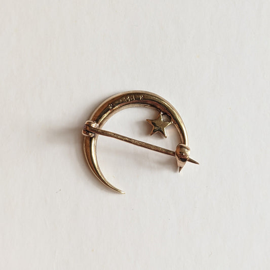 1910s 14k Gold Crescent Moon + Star Brooch
