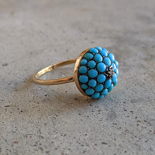 c. 1880s 15k Gold Turquoise + Diamond Bombe Ring