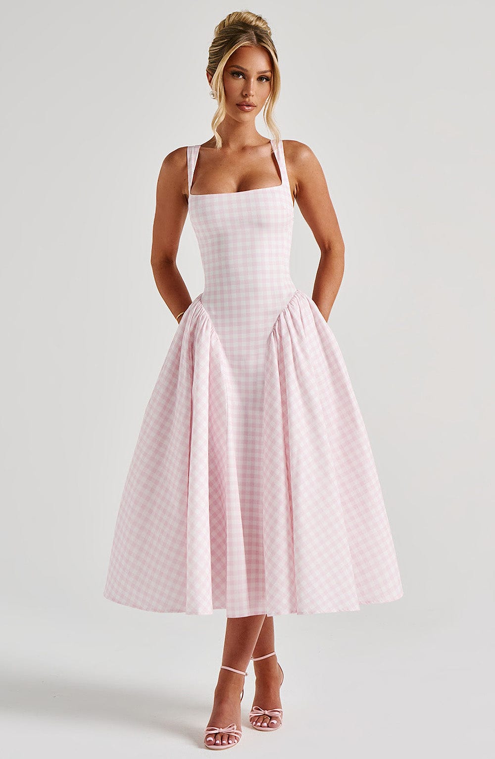 Women's Cotton Blend Midi Dress | Elegant Blush Gingham Summer Dress 5