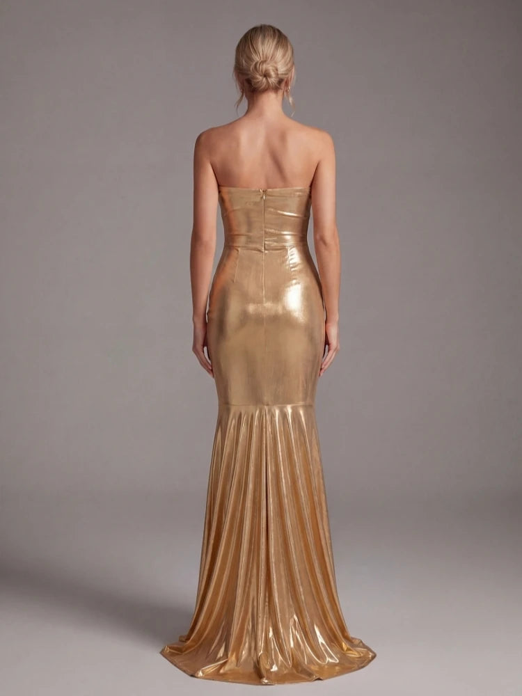 Women's Elegant Gold Strapless Maxi Dress | Chic Backless Mermaid Evening Gown