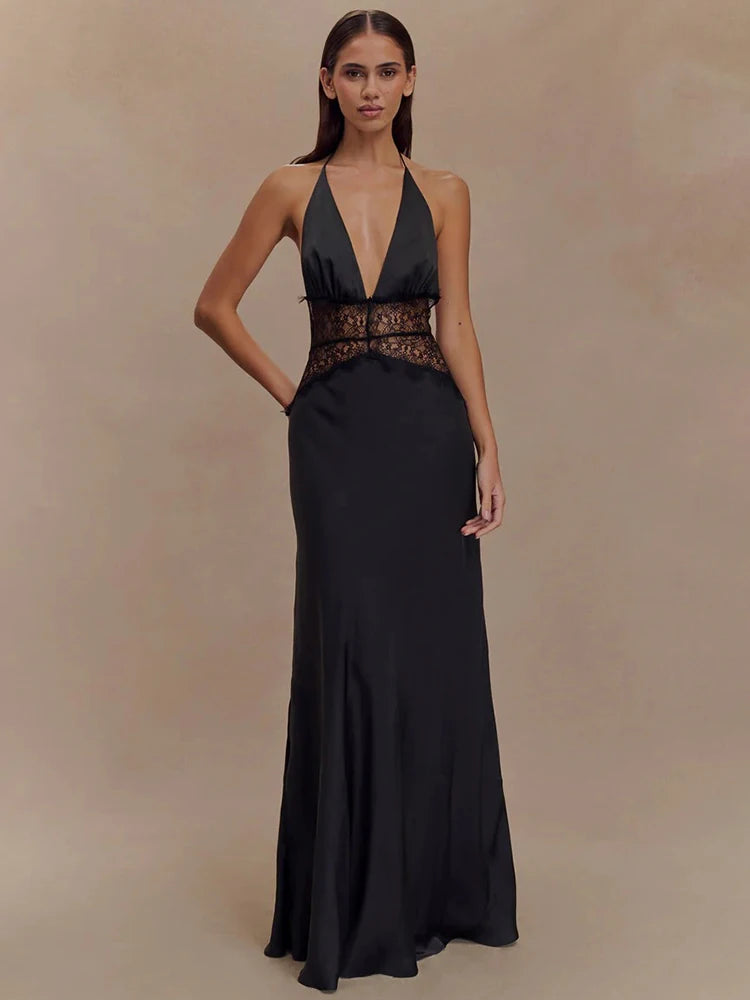 Women's Elegant Lace Maxi Dress | Backless Halter Deep V Neck Summer Gown