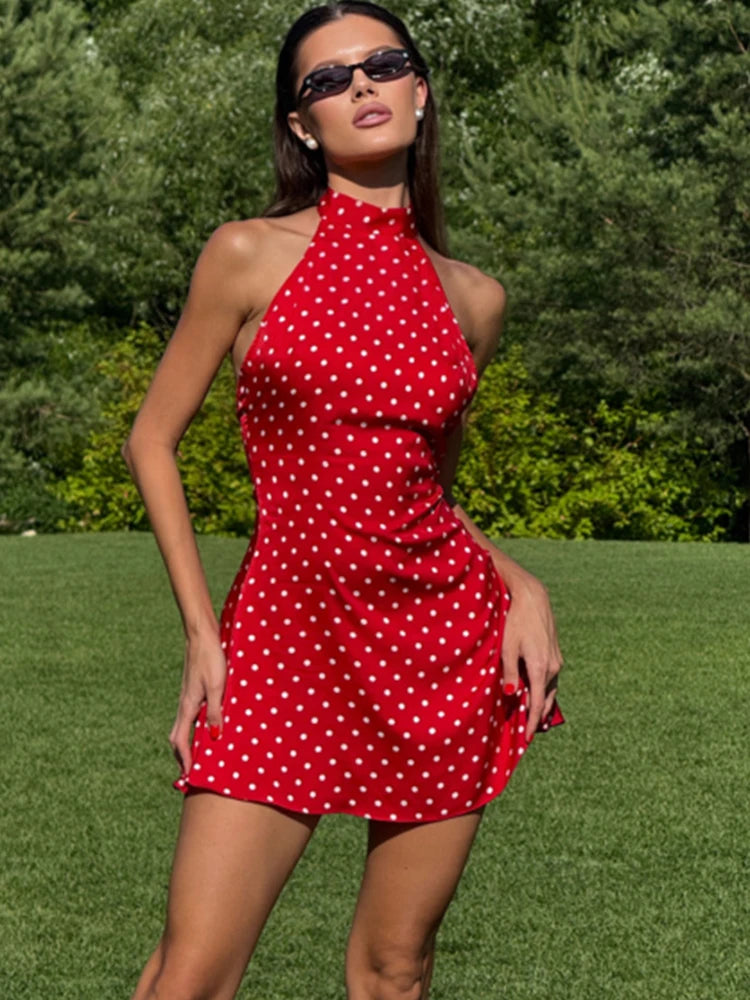 Women's Lightweight Polka Dot Mini Dress | Stylish Backless Halter Summer Outfit