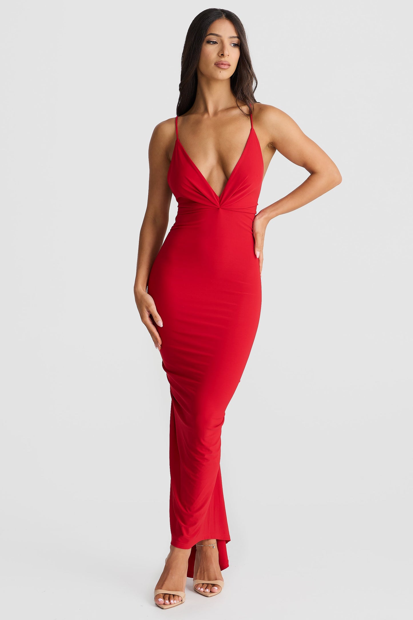 Red Plunging V-Neck Sleeveless Bodycon Maxi Dress