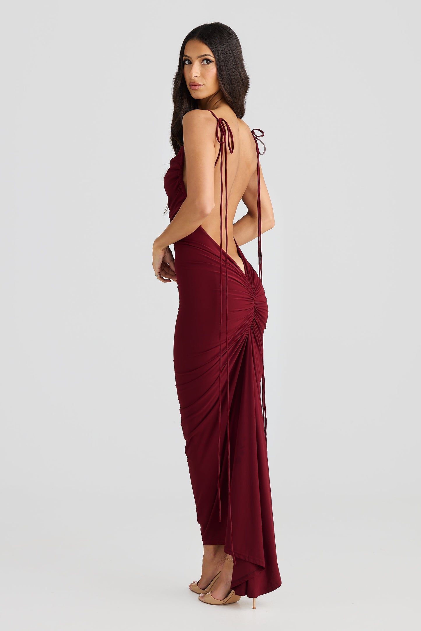 Burgundy One-Shoulder Ruched Bodycon Midi Dress with Side Tie Detail