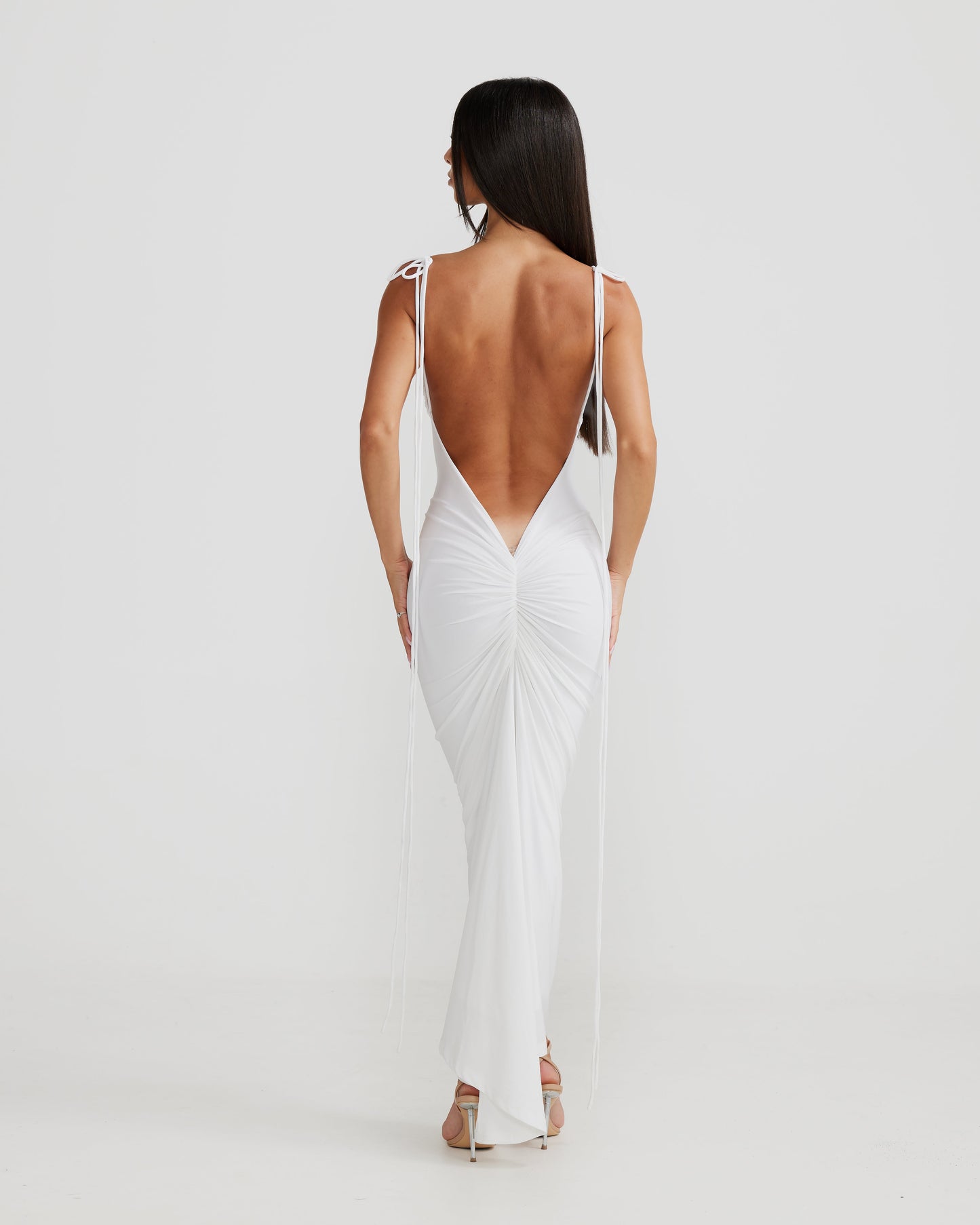 White Spaghetti Strap Ruched Bodycon Maxi Dress