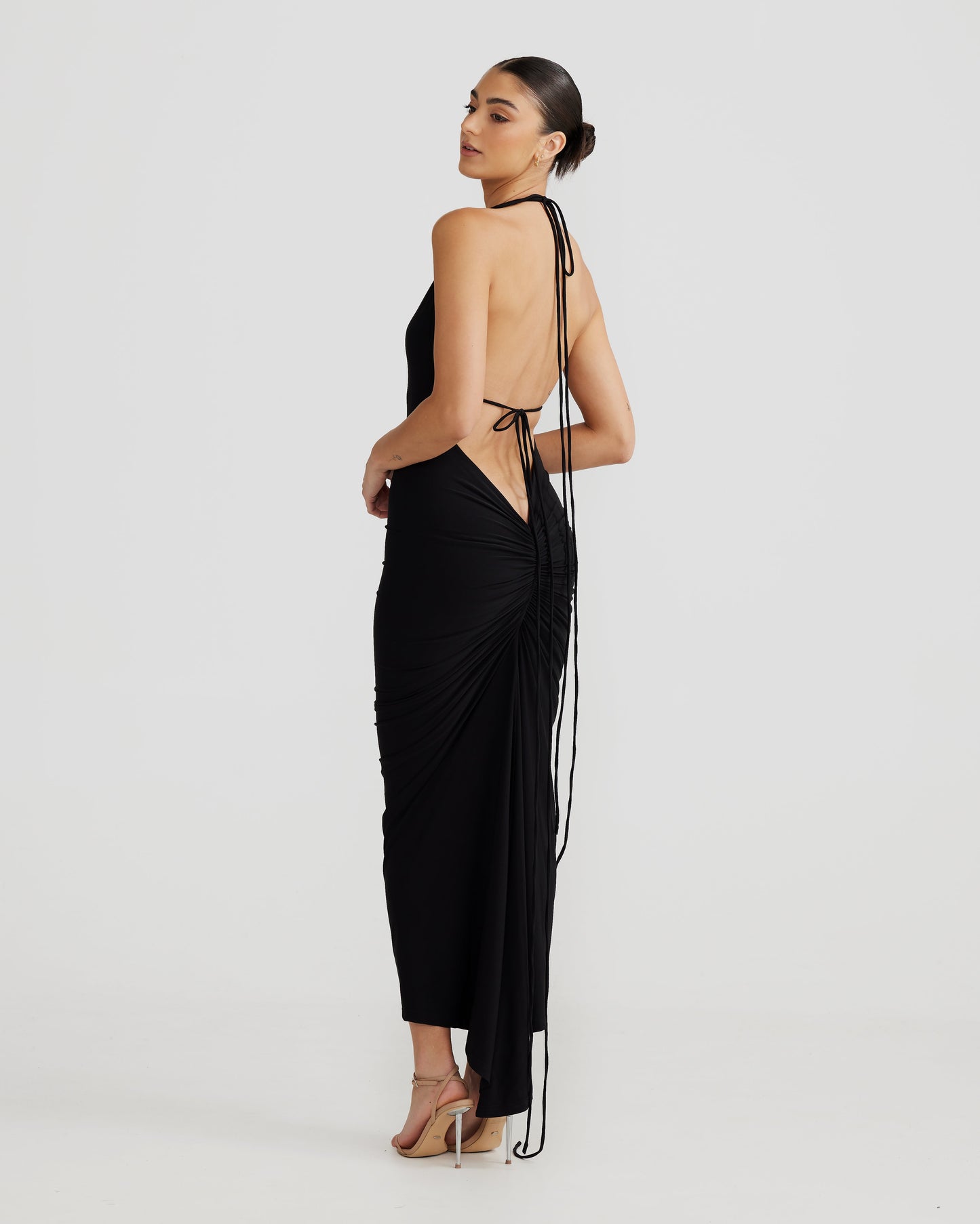 Black Sleeveless Bodycon Midi Dress with Sheer Spaghetti Straps and Ruched Detail