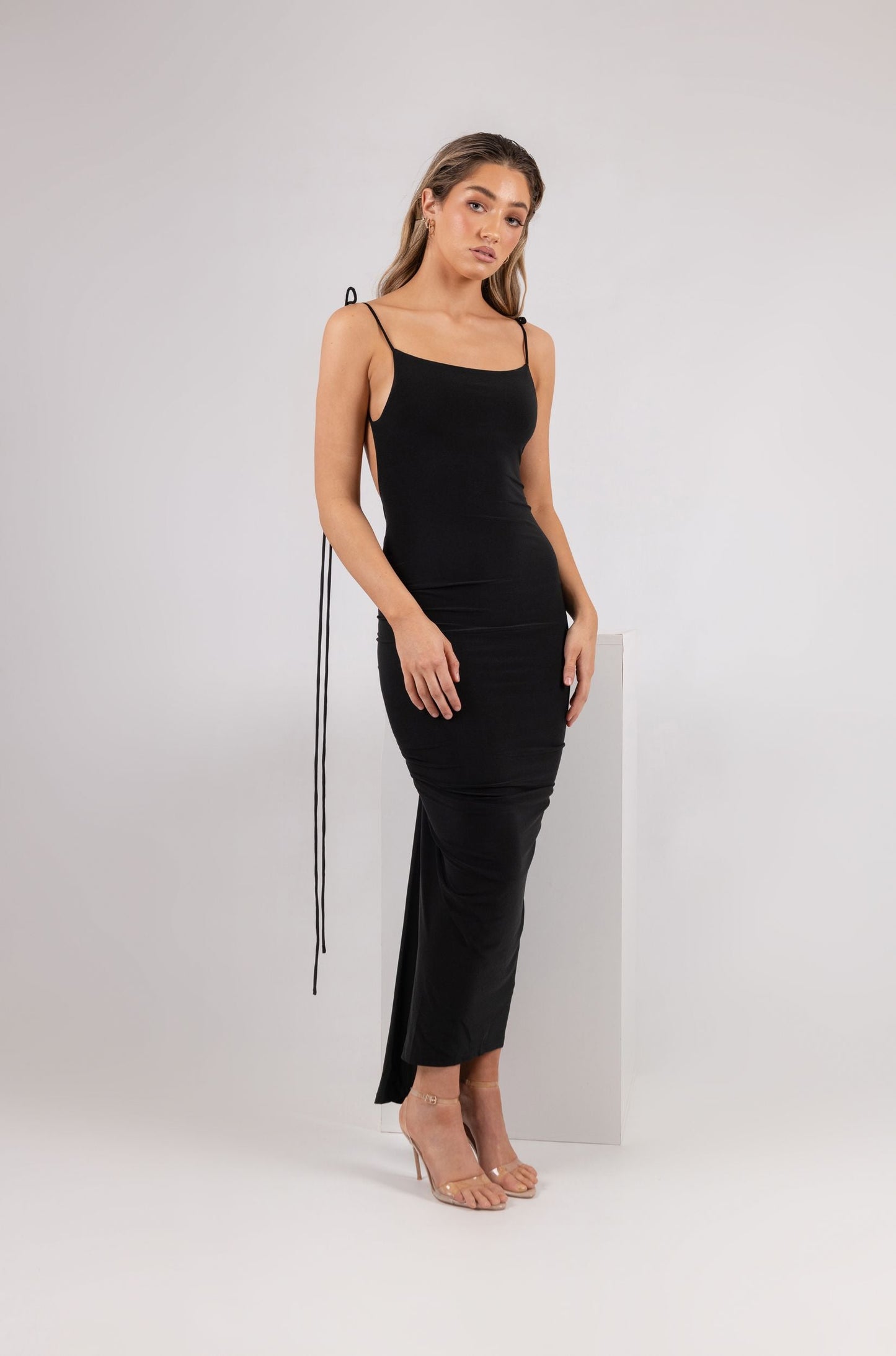 Black Spaghetti Strap Tie-Back Bodycon Midi Dress with Side Slit