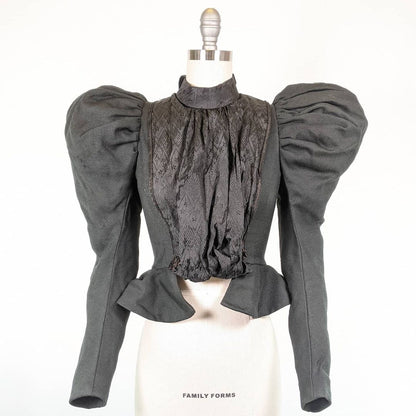 1890s Black Gigot Sleeve Bodice | Wool + Silk