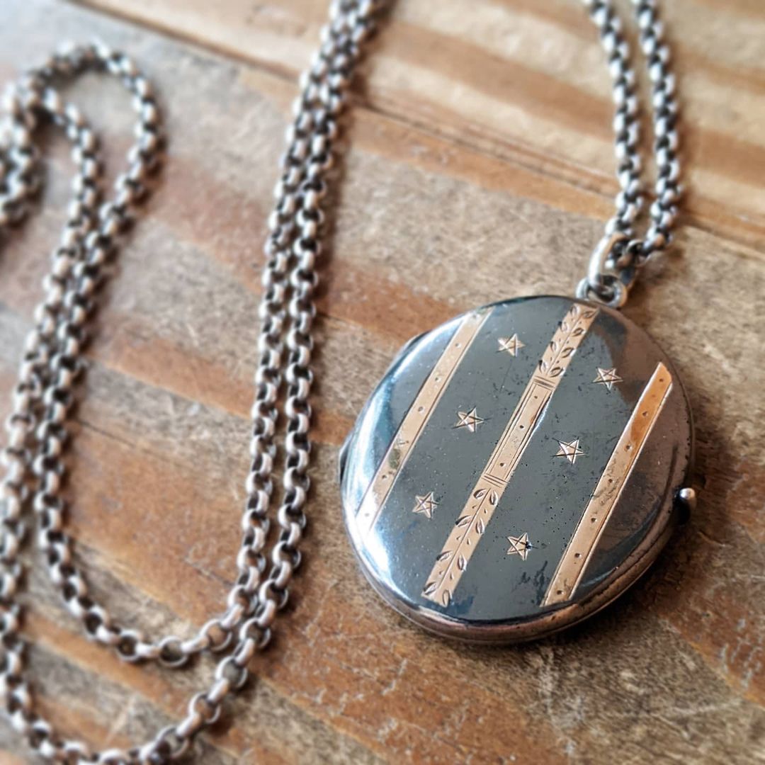 19th C Niello Star Locket | Sterling Silver Rolo Chain