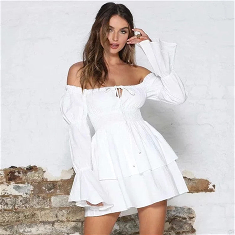 Button Mini Dress with Square Neck and Flare Sleeves