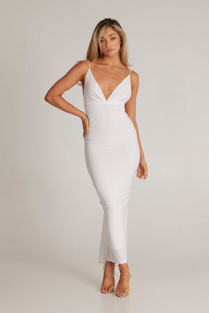 Plunging Bodycon Midi Dress – Gathered Back