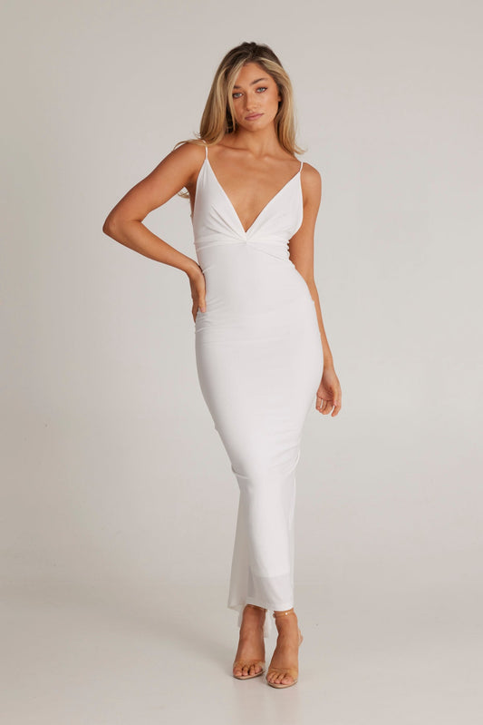 White Plunging Neck Pleated Bodycon Dress with Gathered Back
