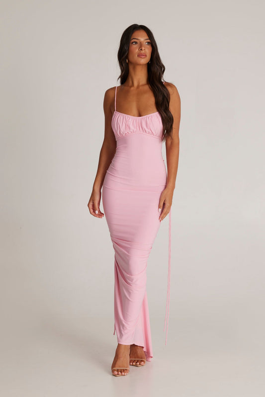 Pink Gathered Neckline Mini Dress with Bodycon Fit and Tie Back