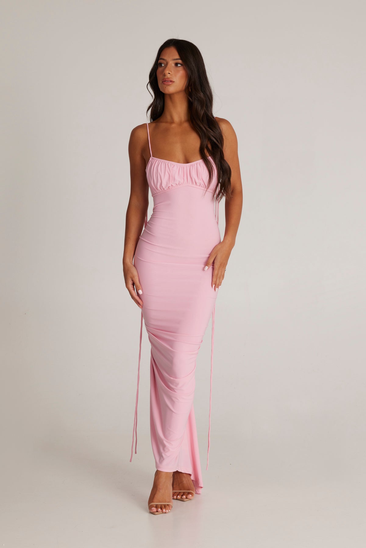 Pink Gathered Neckline Mini Dress with Bodycon Fit and Tie Back
