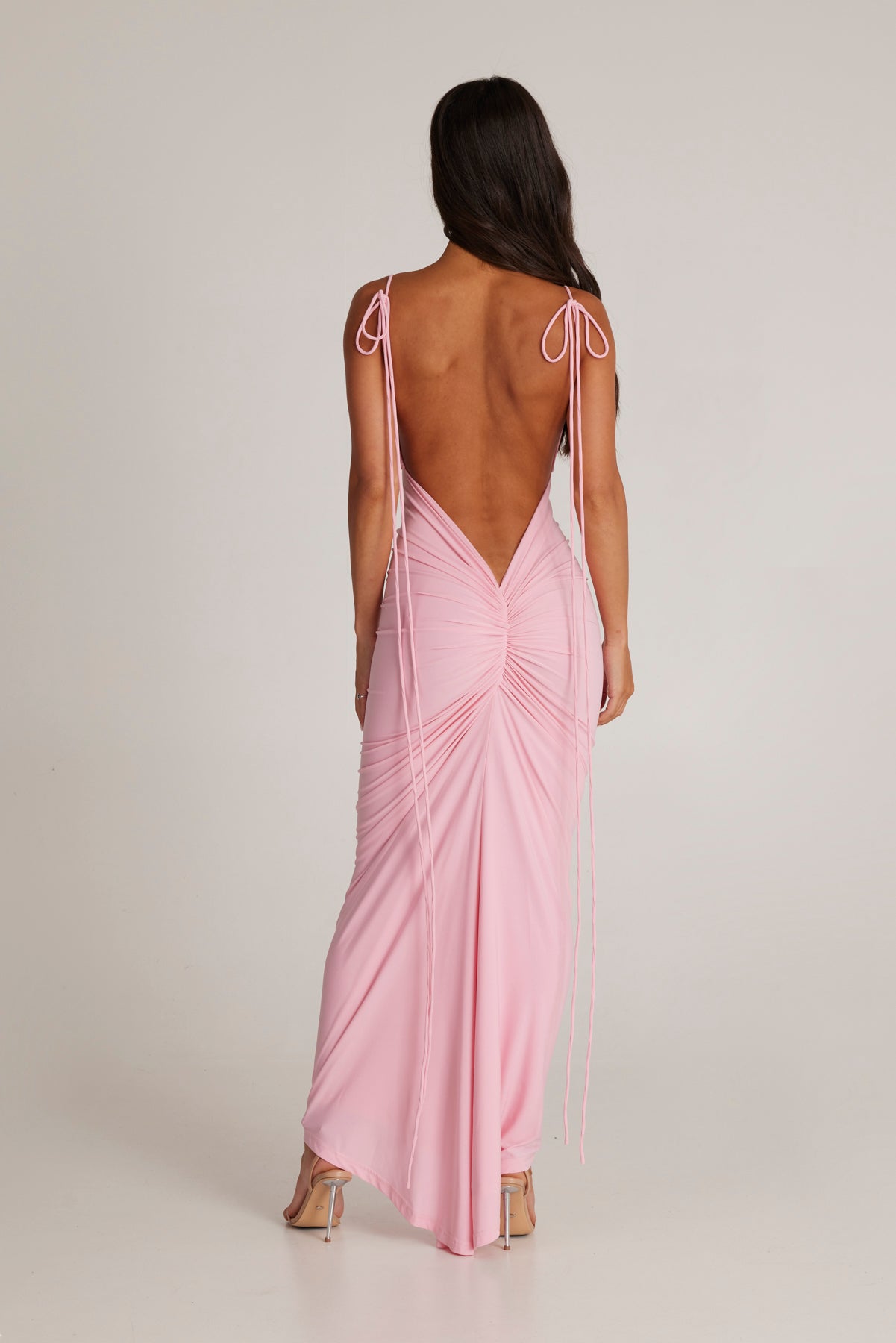 Pink Gathered Neckline Mini Dress with Bodycon Fit and Tie Back