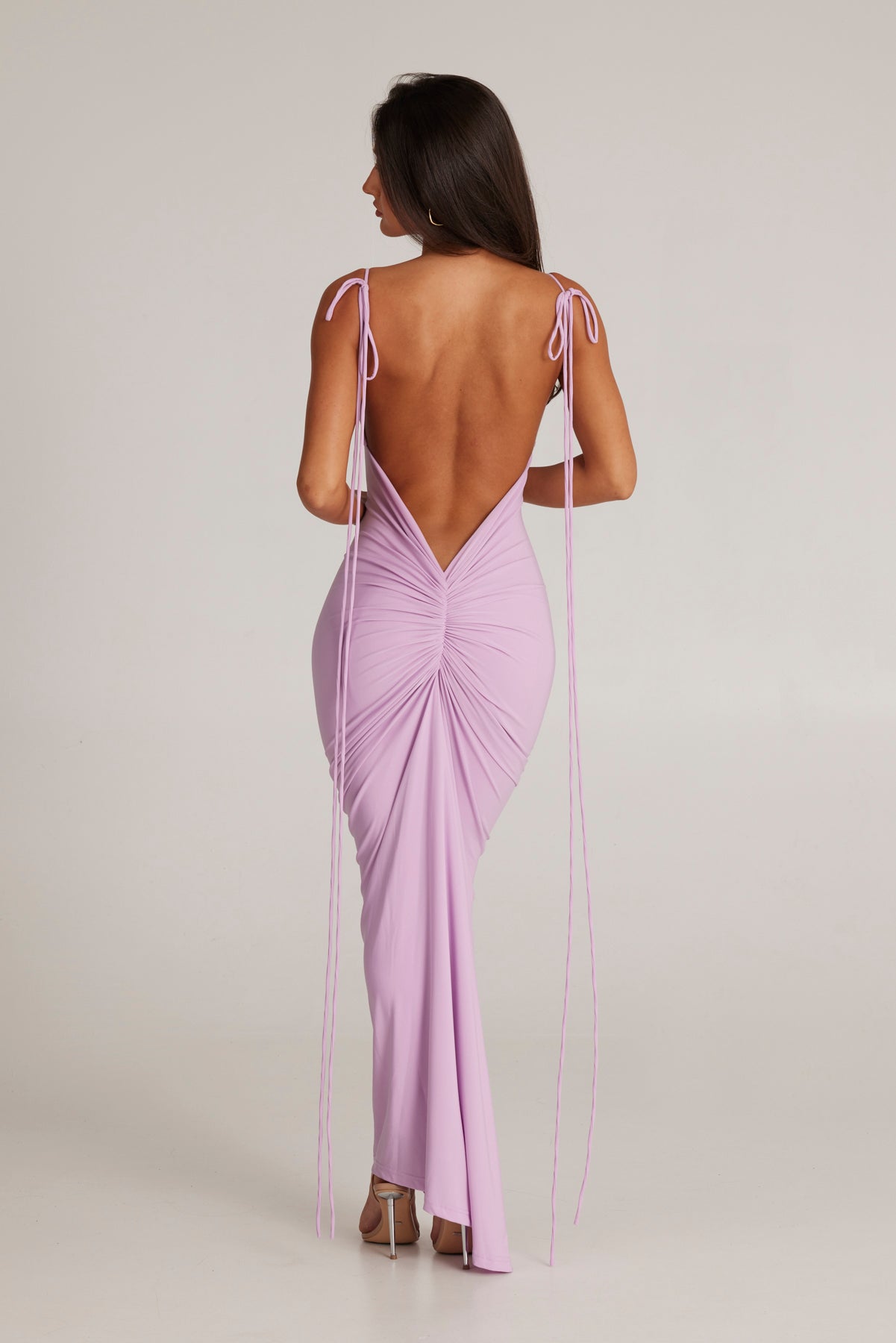Pink Gathered Neckline Backless Bodycon Mini Dress