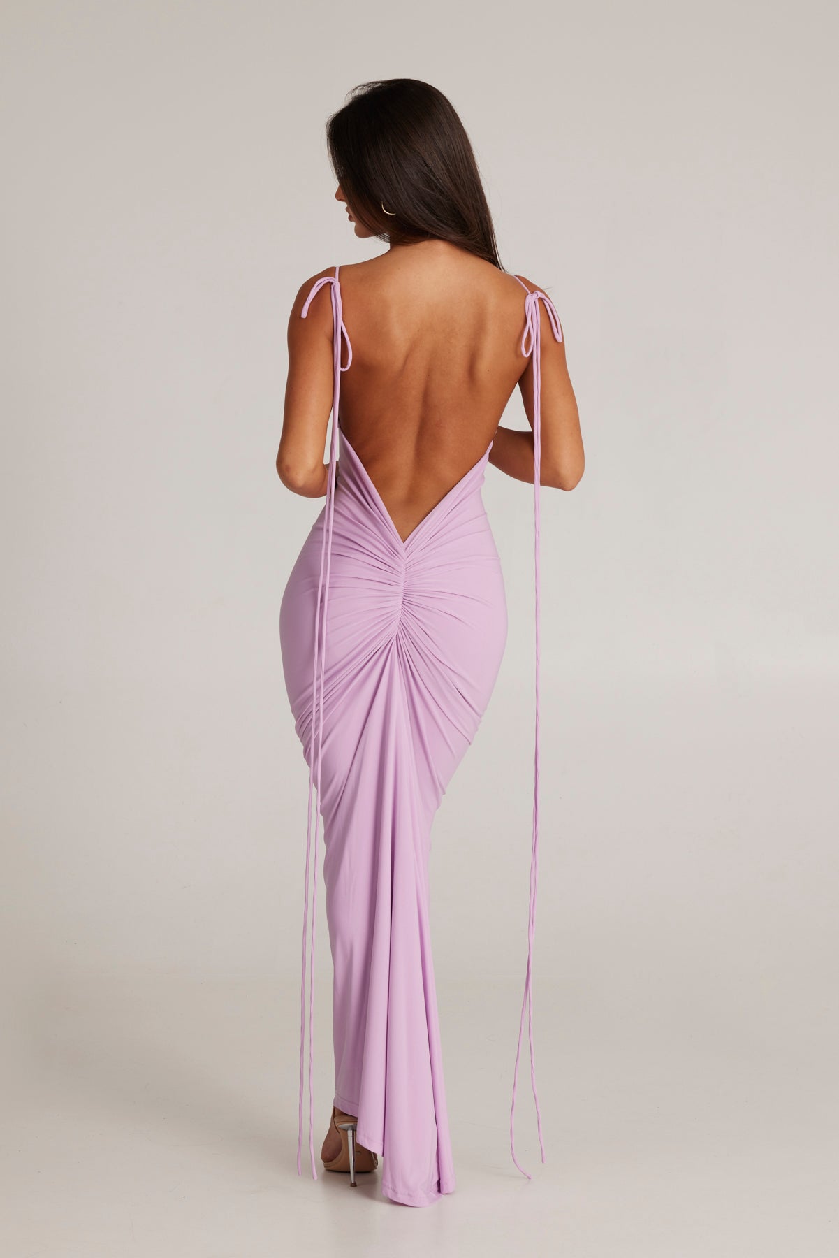 Pink Gathered Neckline Backless Bodycon Mini Dress