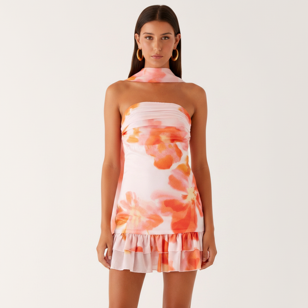 Printed Ruched Scarf Mini Dress Fluid Movement for Summer Soirées