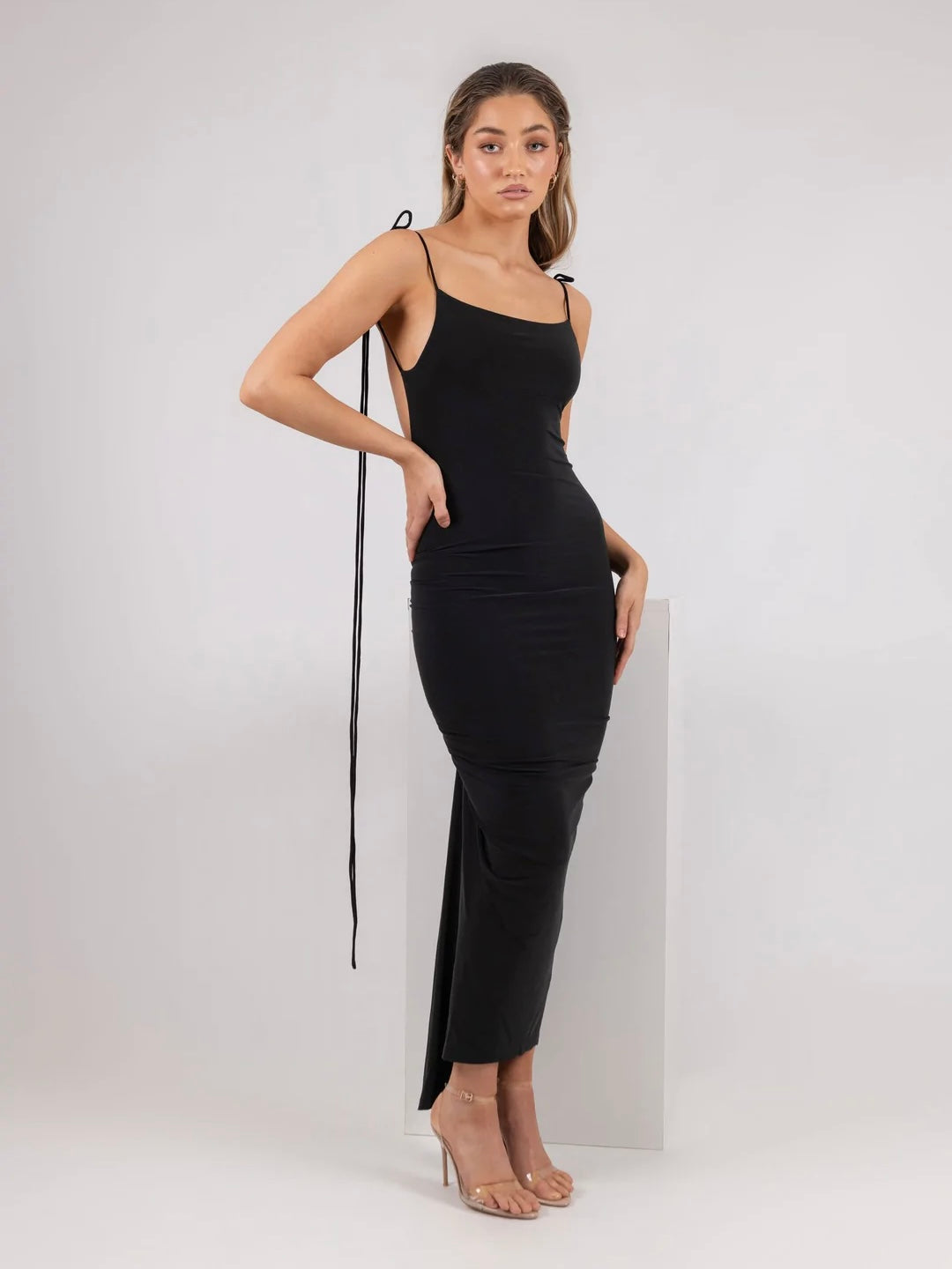 Black Spaghetti Strap Tie-Back Bodycon Midi Dress with Side Slit
