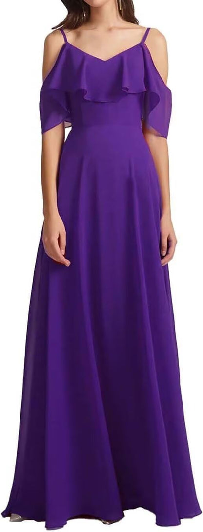 Chiffon V-Neck Off Shoulder Maxi Dress