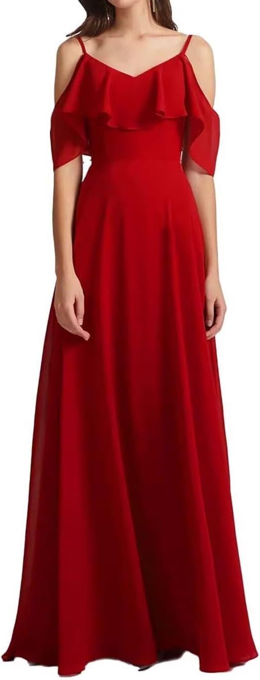 Chiffon V-Neck Off Shoulder Maxi Dress