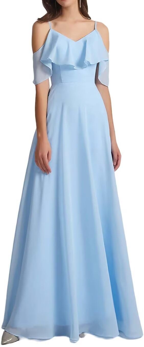 Chiffon V-Neck Off Shoulder Maxi Dress