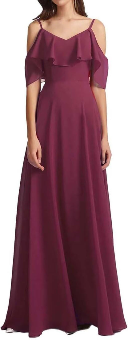 Chiffon V-Neck Off Shoulder Maxi Dress