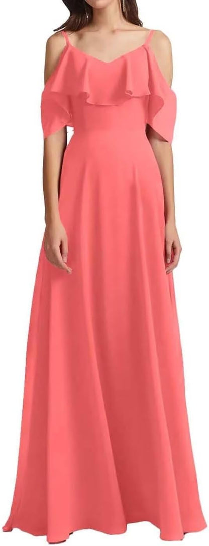 Chiffon V-Neck Off Shoulder Maxi Dress
