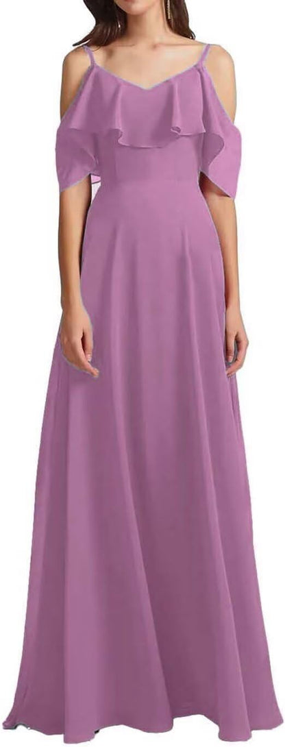 Chiffon V-Neck Off Shoulder Maxi Dress