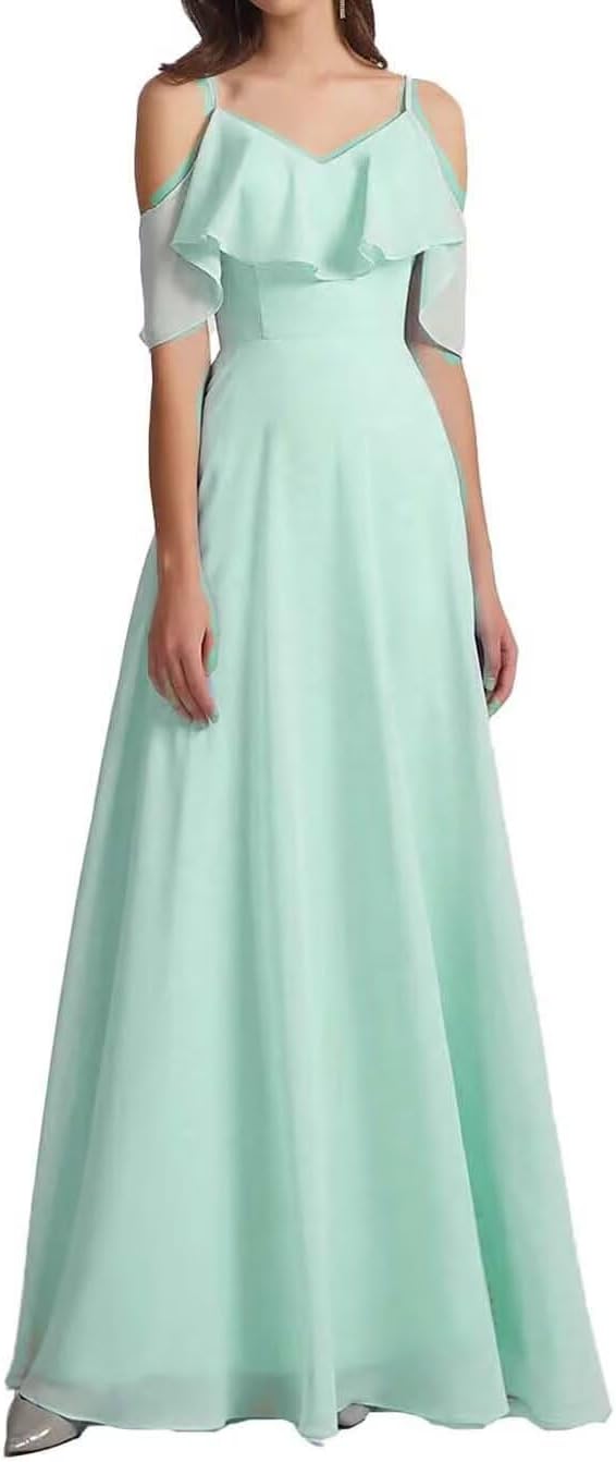 Chiffon V-Neck Off Shoulder Maxi Dress