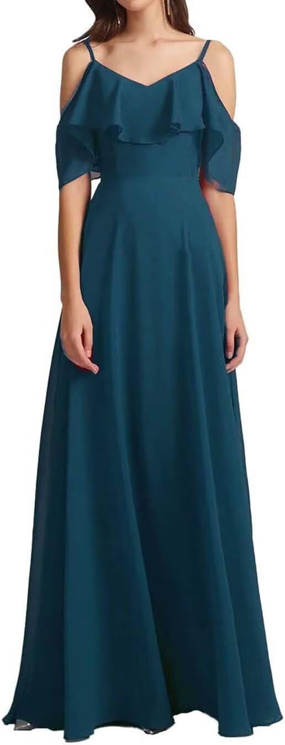 Chiffon V-Neck Off Shoulder Maxi Dress