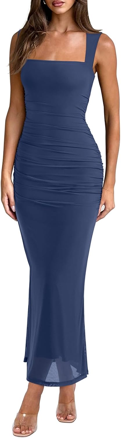 Mesh Square Neck Sleeveless Ruched Maxi Dress