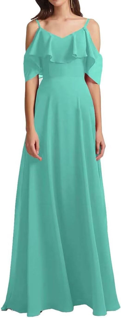 Chiffon V-Neck Off Shoulder Maxi Dress
