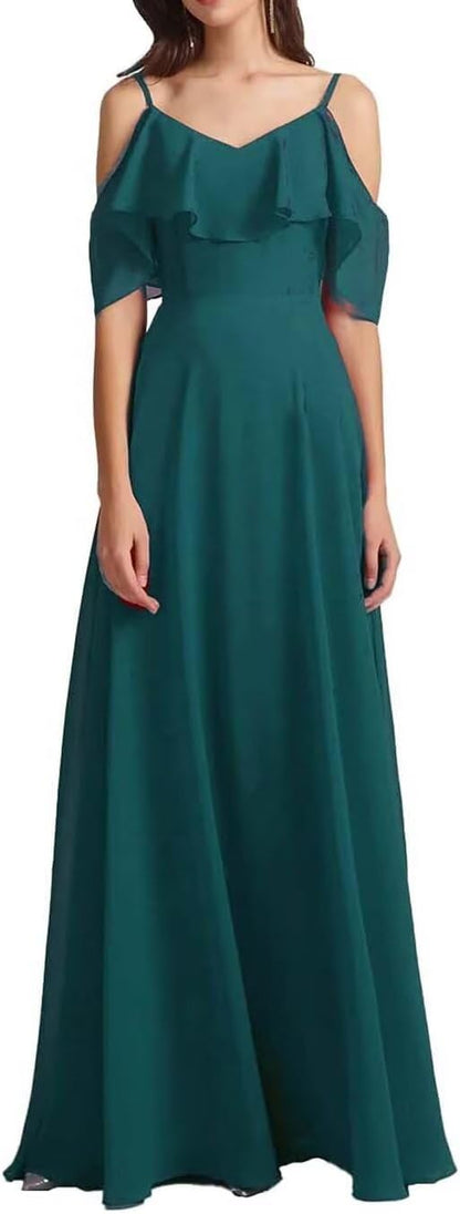 Chiffon V-Neck Off Shoulder Maxi Dress