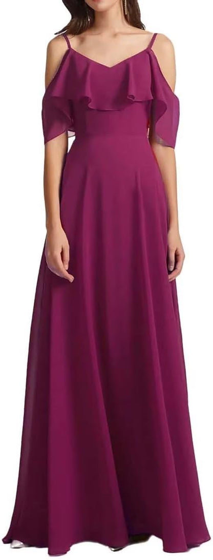 Chiffon V-Neck Off Shoulder Maxi Dress