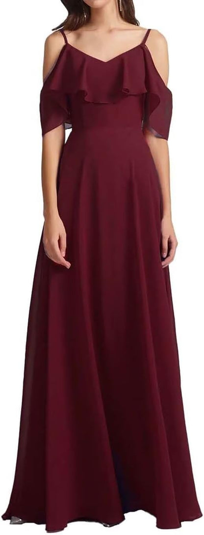 Chiffon V-Neck Off Shoulder Maxi Dress