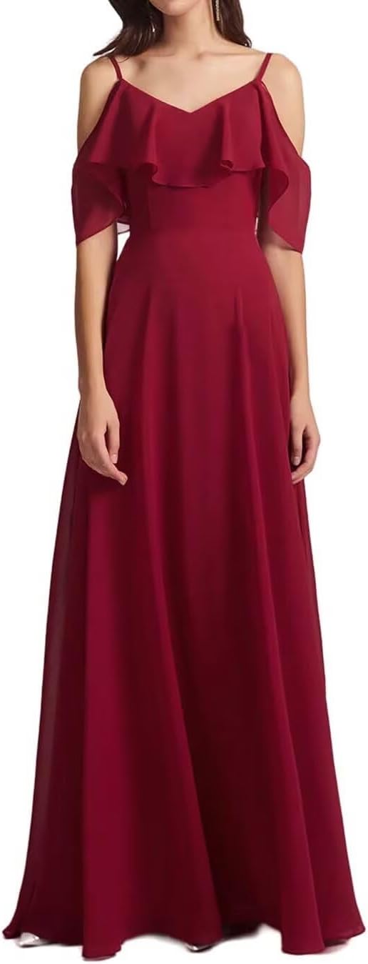 Chiffon V-Neck Off Shoulder Maxi Dress