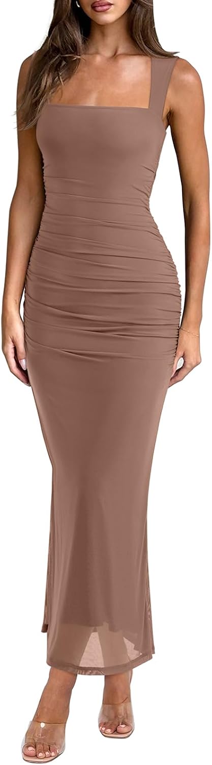 Mesh Square Neck Sleeveless Ruched Maxi Dress