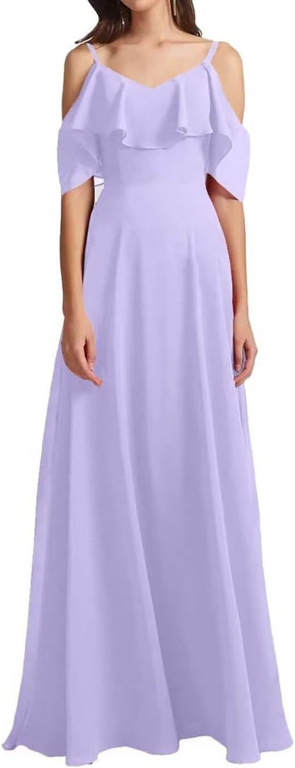 Chiffon V-Neck Off Shoulder Maxi Dress