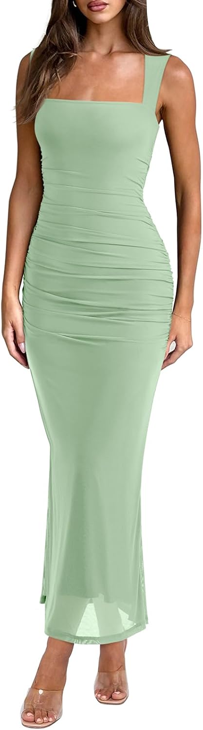 Mesh Square Neck Sleeveless Ruched Maxi Dress